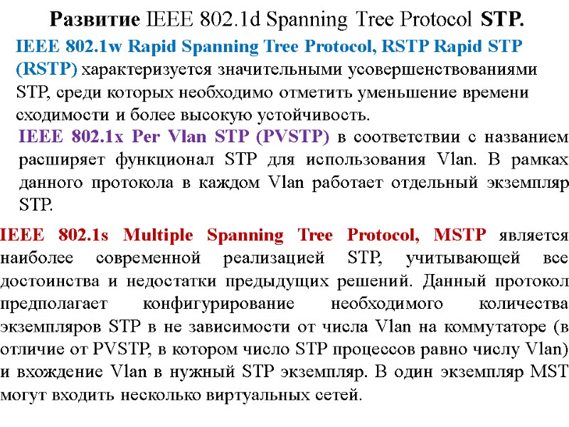 Развитие IEEE 802.1d Spanning Tree Protocol STP.  IEEE 802.1w Rapid Spanning Tree Protocol,